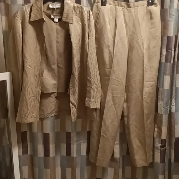 NWT TRAVIS AYERS 70% silk 30% linen 3-pc pantsuit w tiger striped jacket Sz 12P